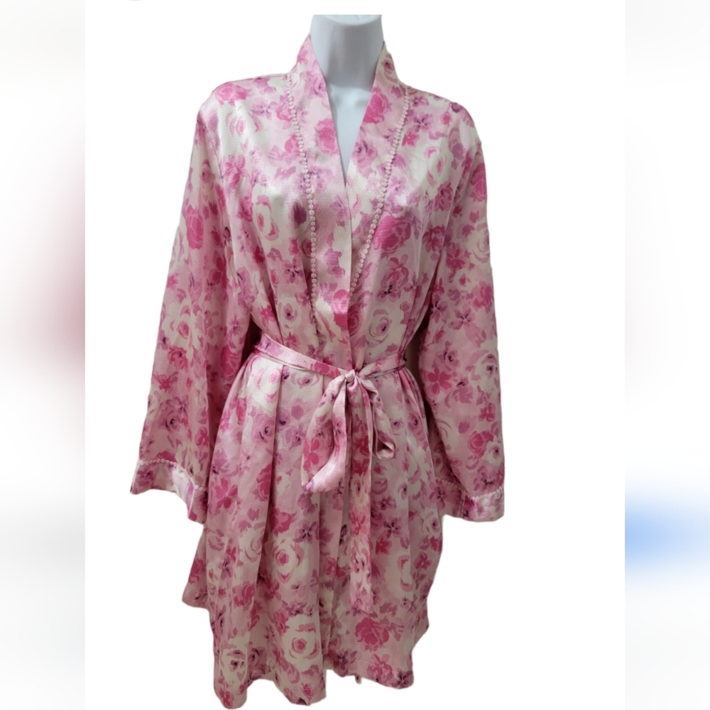 Vintage Morgan Taylor Pink Floral Mid Robe With Attached Belt Pockets Size Largw